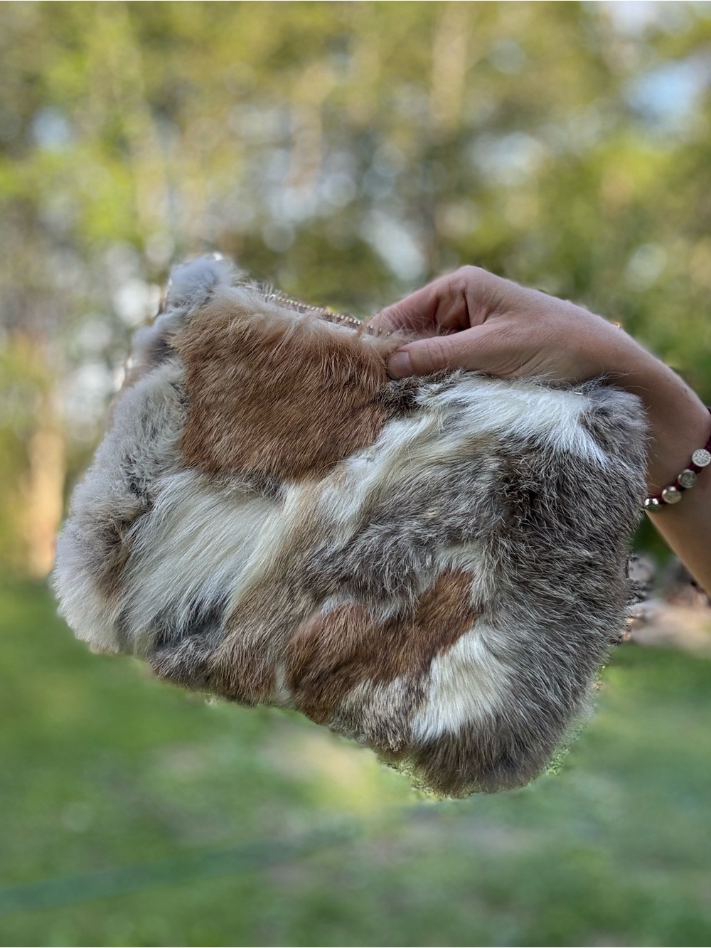 Theory Fur Patchwork Zip Clutch - Brown, White, Gray retro shoulder bag purse